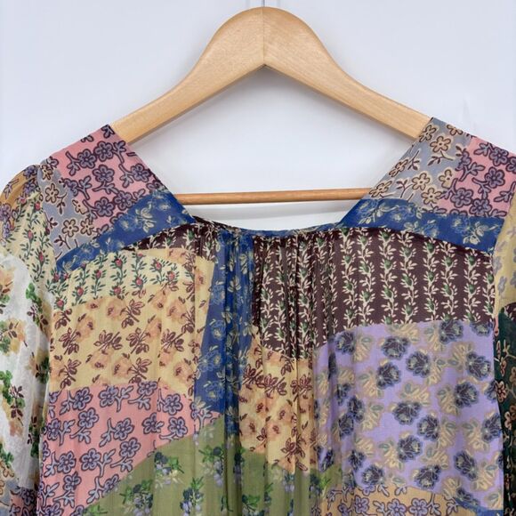 Anthropologie Floreat Patchwork Peasant Top, Sz Small, Bell Sleeves Beaded Trim - Picture 5 of 11
